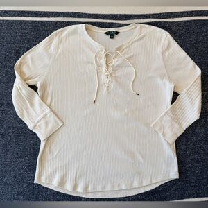 Ralph Lauren Lace Up Shirt Cream Womens Long Sleeve Cottage XL (fits small)